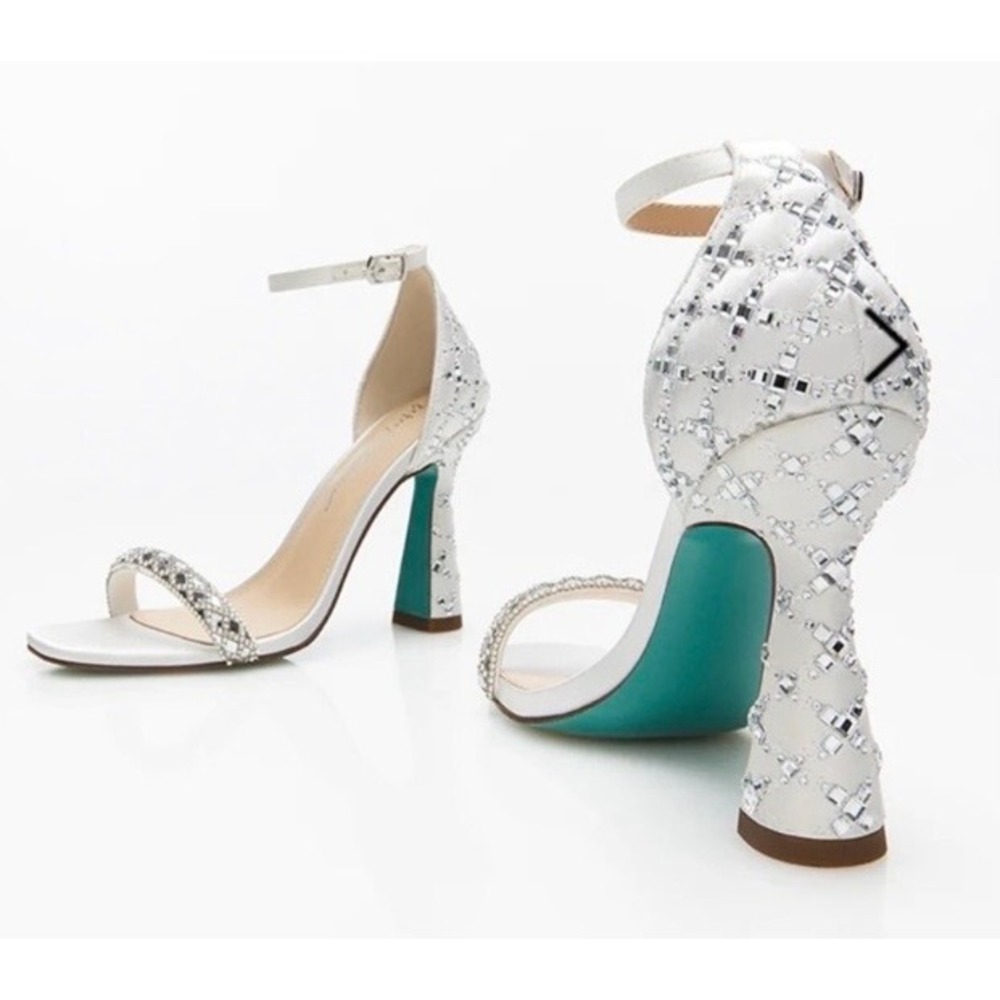Betsey Johnson Dean Ivory Satin Rhinestone Embellished Flared Heel Sandals 7.5M